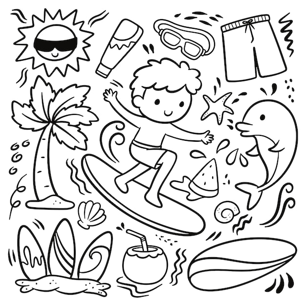 Kid surfing, collezione di doodle a tema estivo, clipart vettoriali