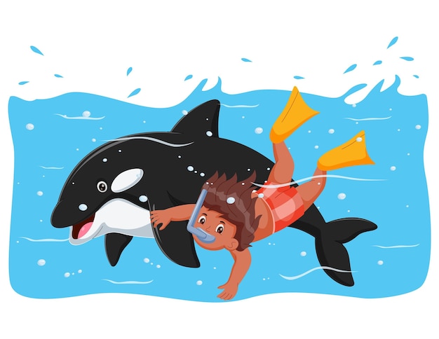 Kid Swimming With killer whale Vector illustration