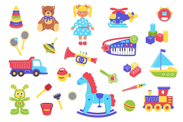Вектор Детские игрушки векторная иллюстрация набор мультфильм плоская милая пластиковая игрушка для детей играть коллекцию с