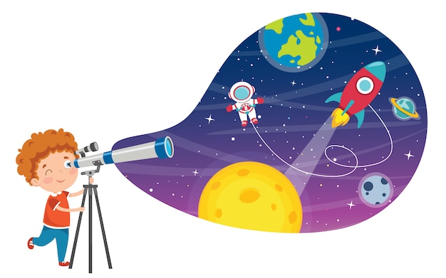 Vector kid using telescope for astronomical research