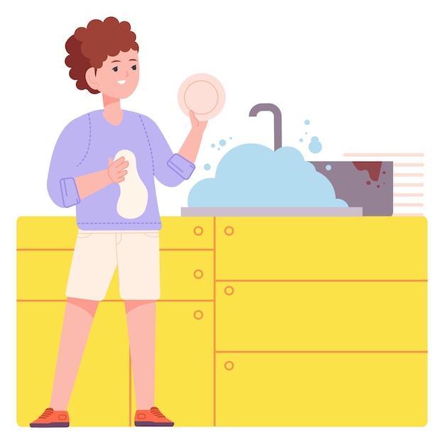 Kid washing dishes child responsibility in house work