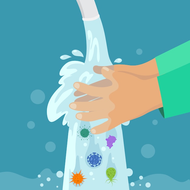 Vector kid washing hands. clean hand without germs and bacterias under faucet. childrens handwashing, virus protection vector concept