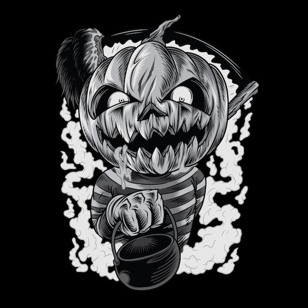 Vector a kid wear an evil pumpkin head with fat cloud around him in black and white illustration