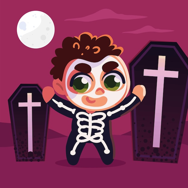 Vector kid wearing skeleton costume