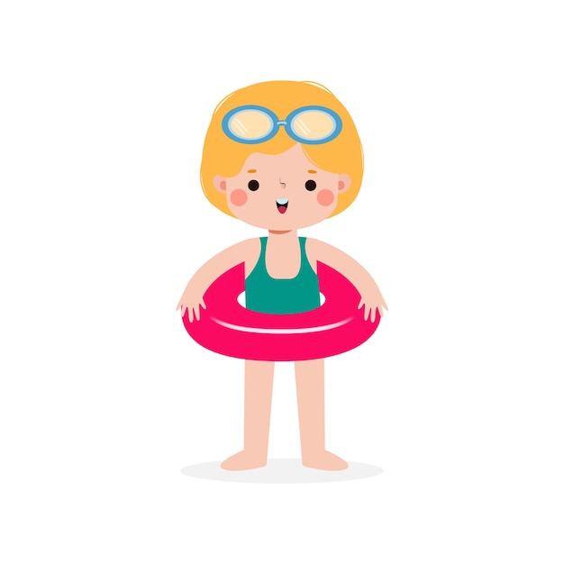 Ребенок в купальных костюмах и кольцах Милый детский мультяшный персонаж для вечеринки у бассейна ребенок проводит отпуск