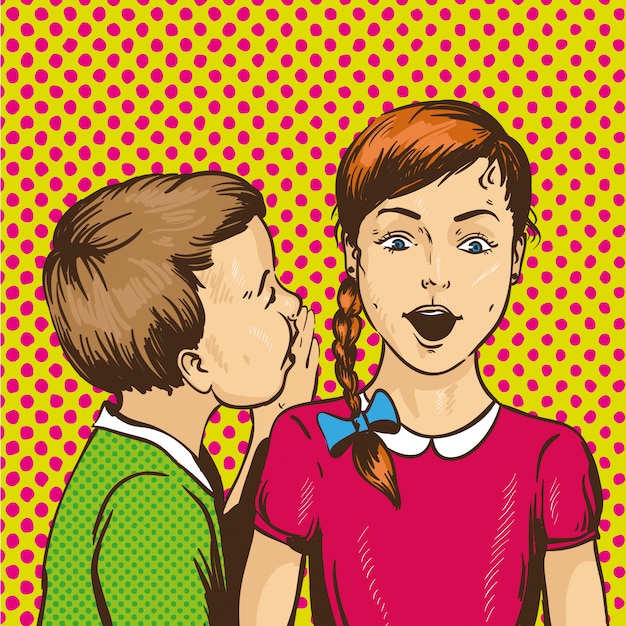 Vector kid whispering gossip or secret to his friend. children talk each other