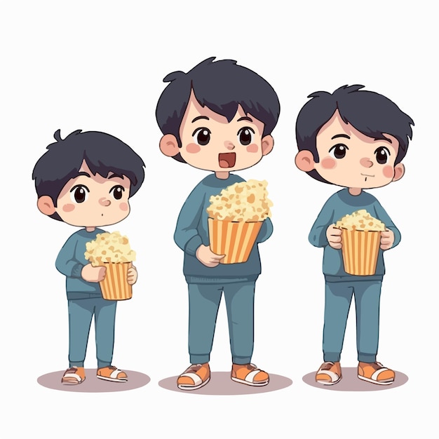 Kid with a bowl of popcorn vector pose young kid cartoon style