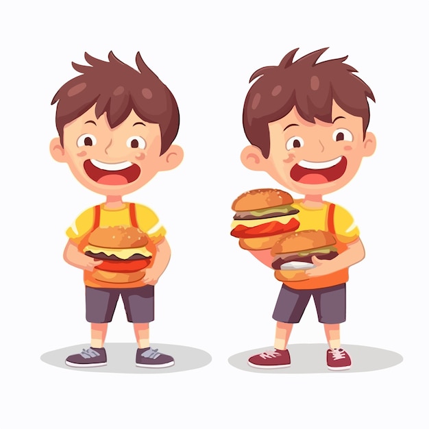 Bambino con hamburger in mano fumetto illustrazione giovane ragazzo vettore posa