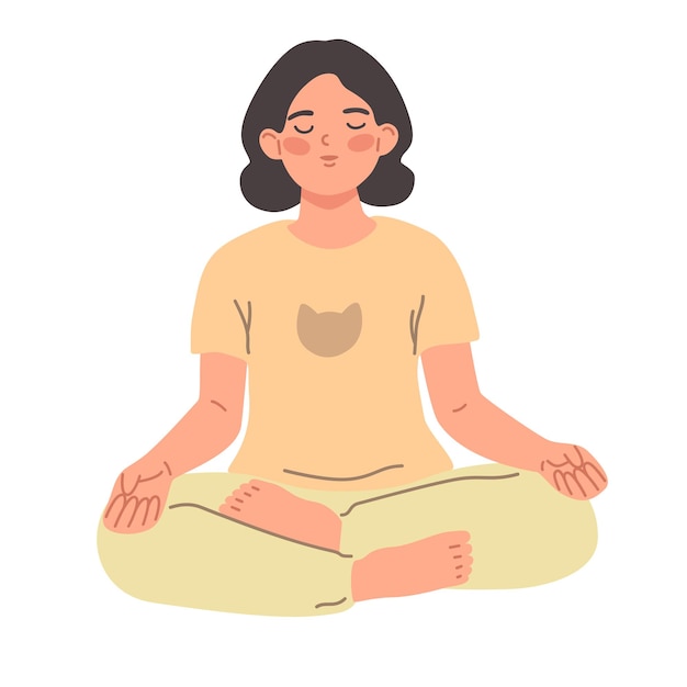 Kid with closed eyes meditating in yoga lotus posture. Girl character sitting with her legs crossed.