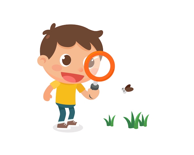 Vector a kid with a magnifying glass. flat character design.