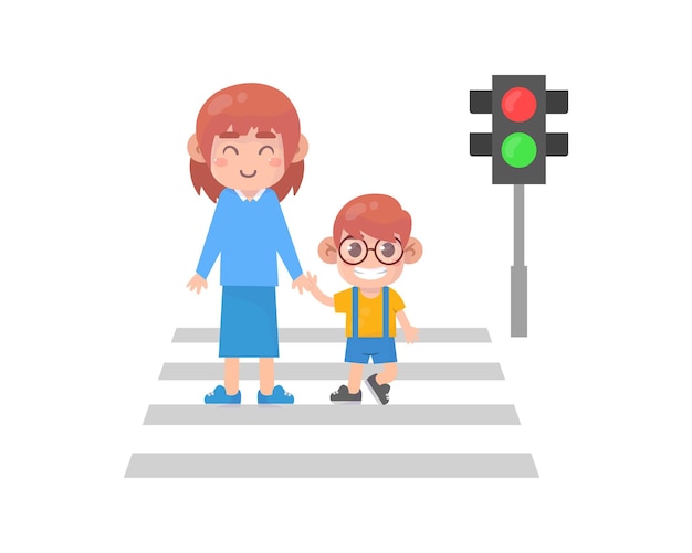 Kid with parent cross the road