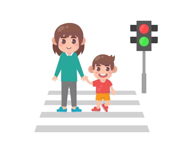 Cute School kids with backpack walking crossing road near traffic light on  zebra crossing on the way to school 9295319 Vector Art at Vecteezy