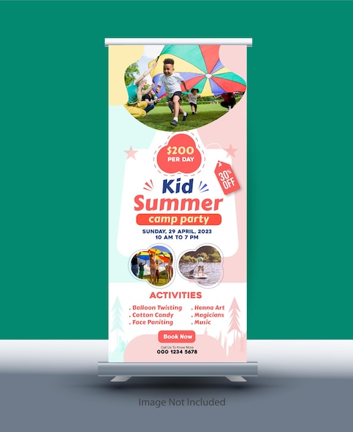 Vector kid zomerkamp roll-up banner ontwerpsjabloon