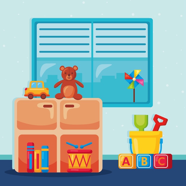 Vector kidergarten shelving and toys icons