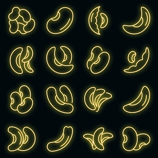 Kidney bean icons set. Outline set of kidney bean vector icons neon color on black