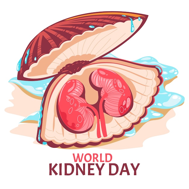 世界の腎臓の日の概念ベクトル図のハマグリの殻の上の腎臓