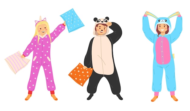 Kids animal pajamas Boys and girls in overalls standing smiling Panda unicorn and rabbit funny costumes clothes with animalistic prints or cute sleepwear for party Vector cartoon flat isolated set