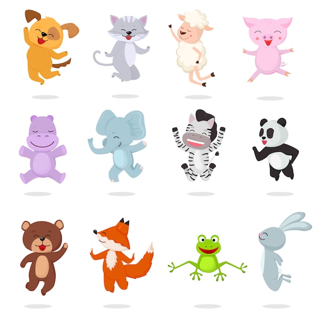 Vector kids animals   cartoon animalistic characters dog cat baby piglet little panda illustration set