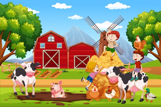 Vector kids and animals at farmland