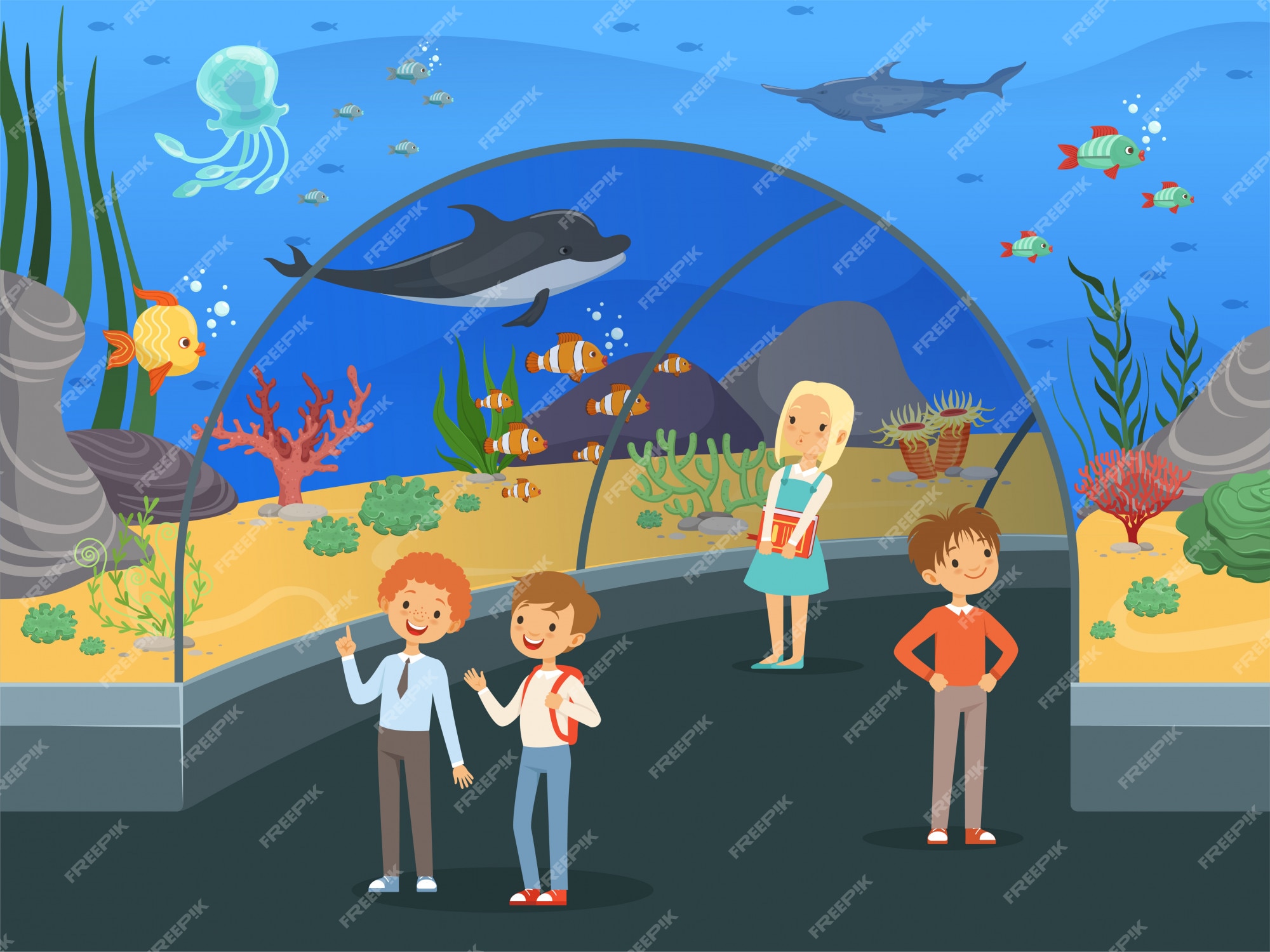 Premium Vector | Kids in aquarium. family walk thru underwater museum with  fishes and algae big aquarium tank background