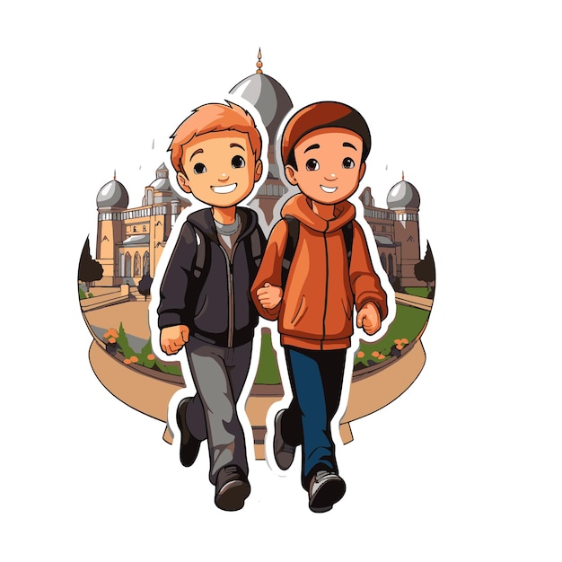 Vector kids are going to mosque for ramadan sticker