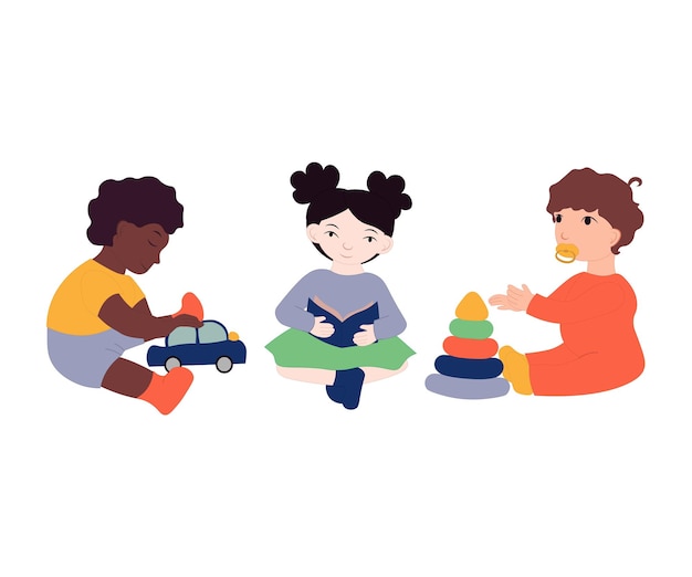 Kids are playing games at preschool happy childhood vector set on a white background