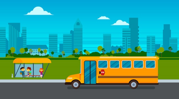 Vector kids are waiting for the school bus on the bus stop on city landscape illustration