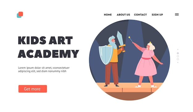 Kids Art Academy Landing Page Template Children in Theatrical Costumes of Knight and Fairy Playing Roles on Stage