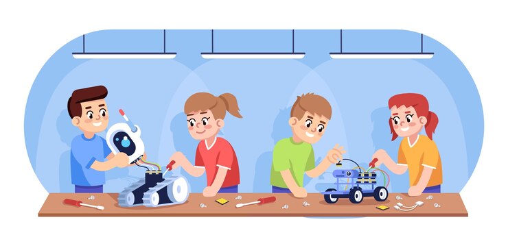 Vector kids assembling robots flat vector illustration