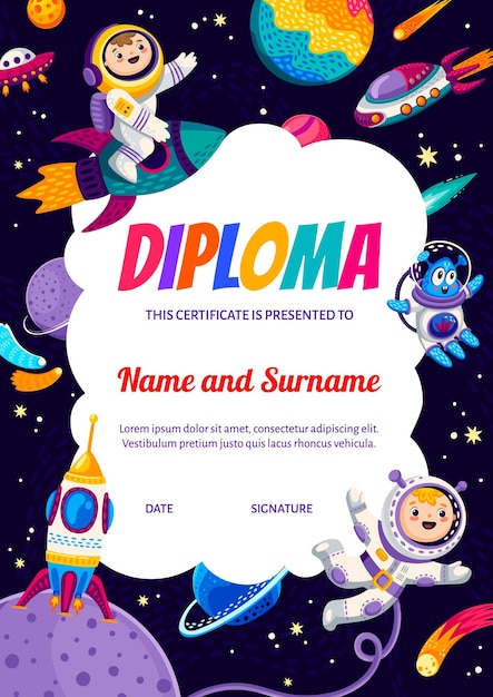 Kids astronaut diploma cartoon jongens en alien