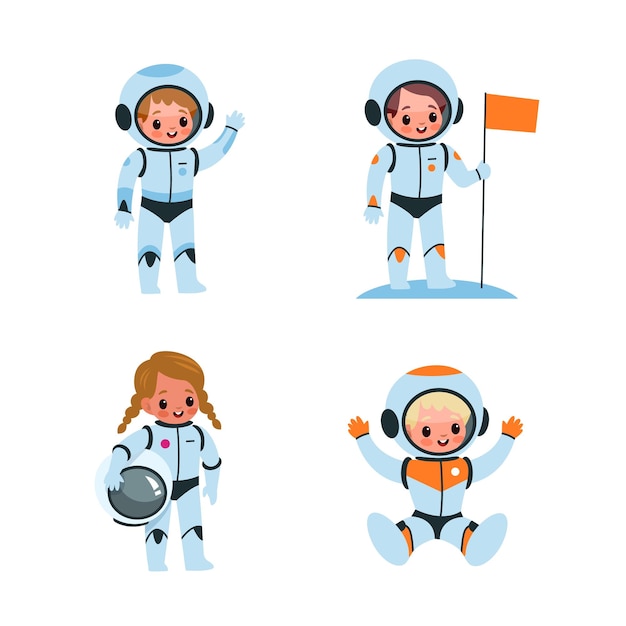 Kids astronauts Cartoon boys and girls in spacesuits Funny children explore space Isolated cute characters with greeting gestures Happy young people holding flag and helmet Vector cosmonauts set