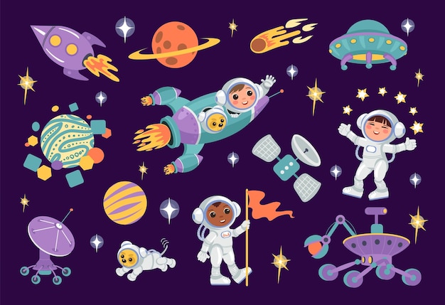 Kids astronauts with space elements Cartoon little cosmonauts characters Boys and girls in spacesuits Planets and rockets Universe explorers Comets and stars Vector spacemen set