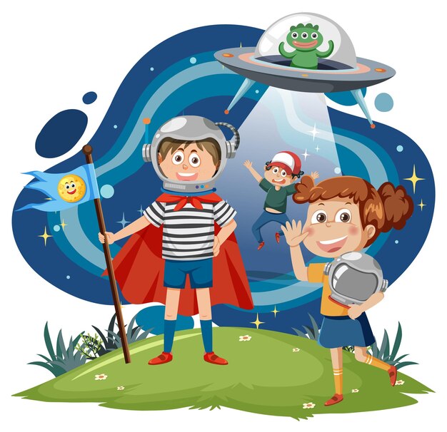 Vector kids in astronomy theme