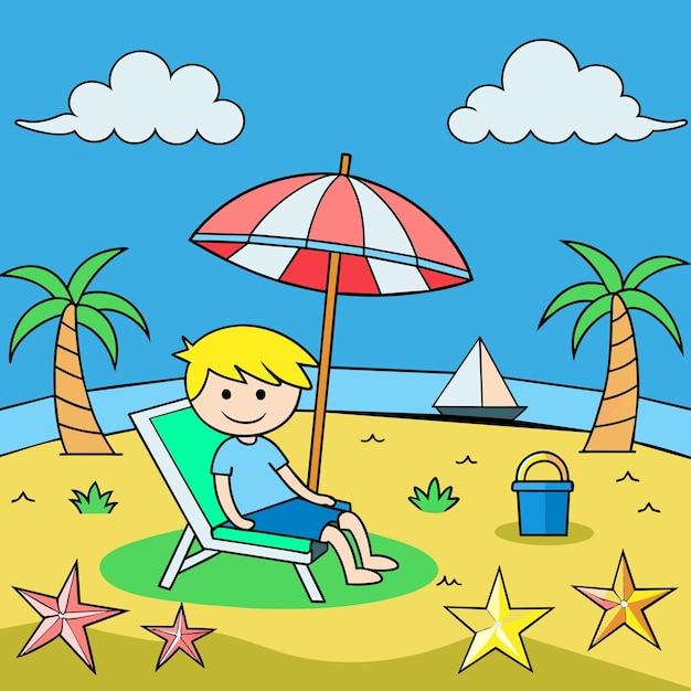 浜辺の子供たち 砂の遊び 椅子の風景 夏休み 休暇 ランジャー 傘
