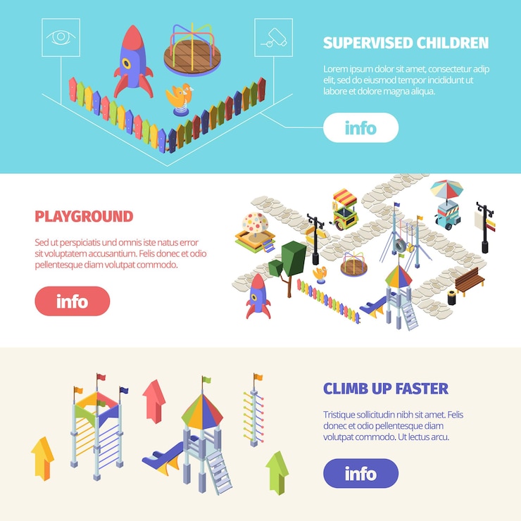 Vector kids attractions playgrounds isometric horizontal banner