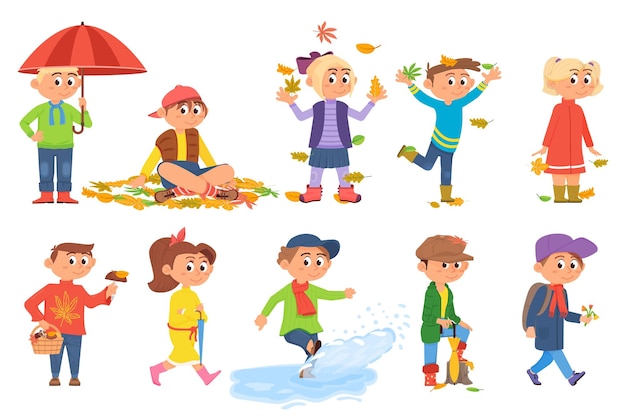 Kids in autumn Outdoor children fall activity Child gathering leaves play in puddle and leaf pile Carefree kid in raining weather childhood decent vector kit