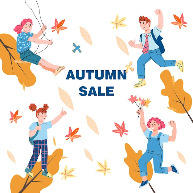 Kids autumn sale banner or poster with children shops autumn fall seasonal sale and discount