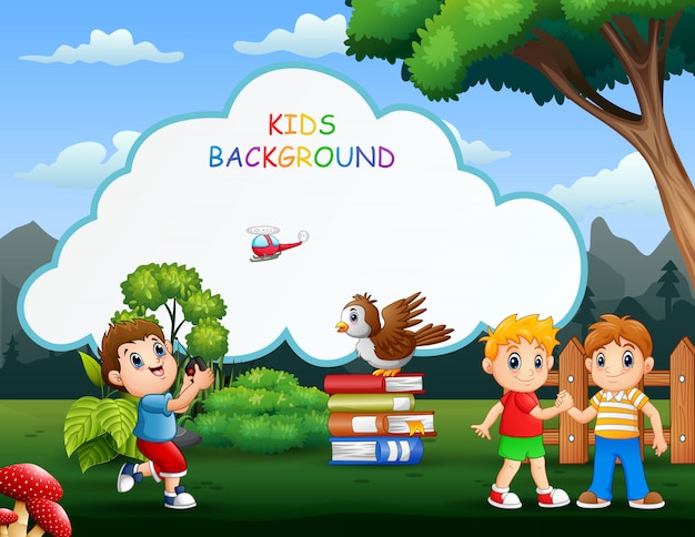 Kids background template with happy boys playing
