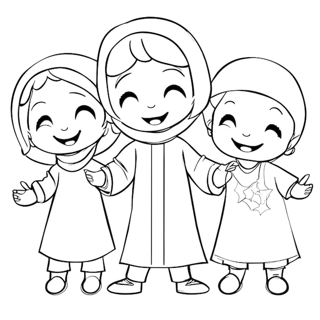 kids in baju kurung vector illustration line art