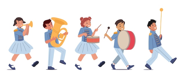 Kids band in blauwe uniform marcheren op parade gelukkige meisjes of jongens spelen festival muziek met drum messing hoorn en tuba