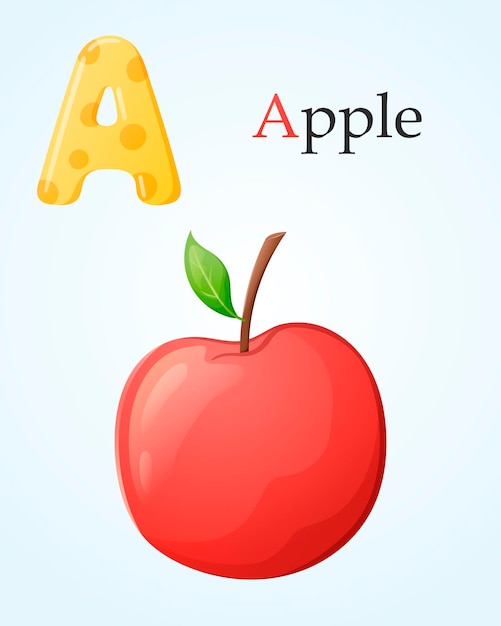 Kids banner template with alphabet letter a and apple cartoon illustration