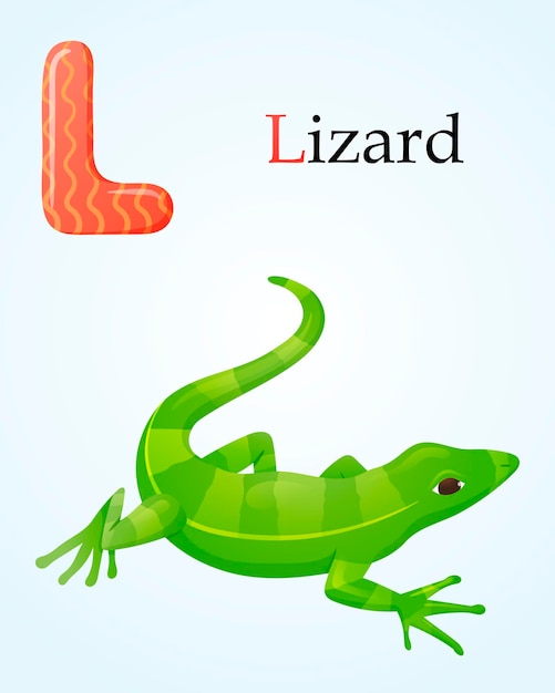 Kids banner template with english alphabet letter L and cartoon image of green amphibian striped lizard