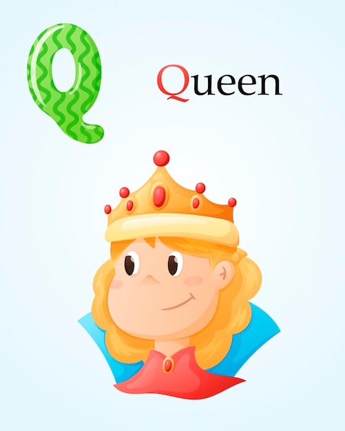 Kids banner with english alphabet letter Q and cartoon image of cute girl queen with gold crown and precious stones