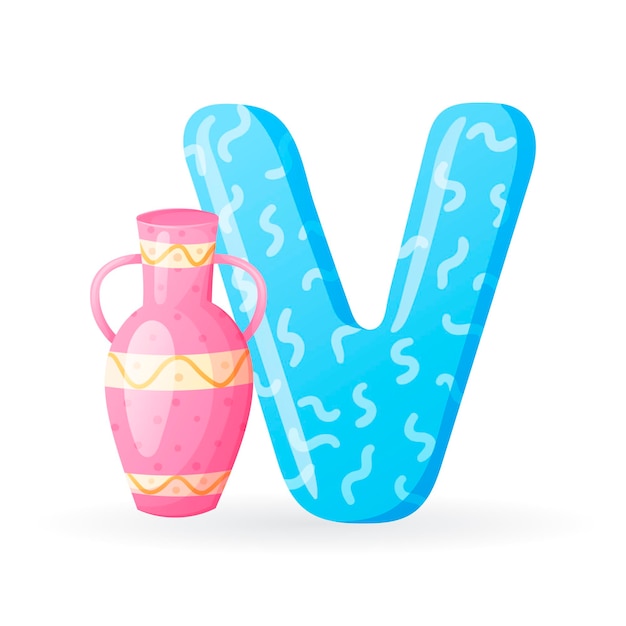 Kids banner with english alphabet letter V and cartoon image of porcelain or ceramic pink decorated vase with handles