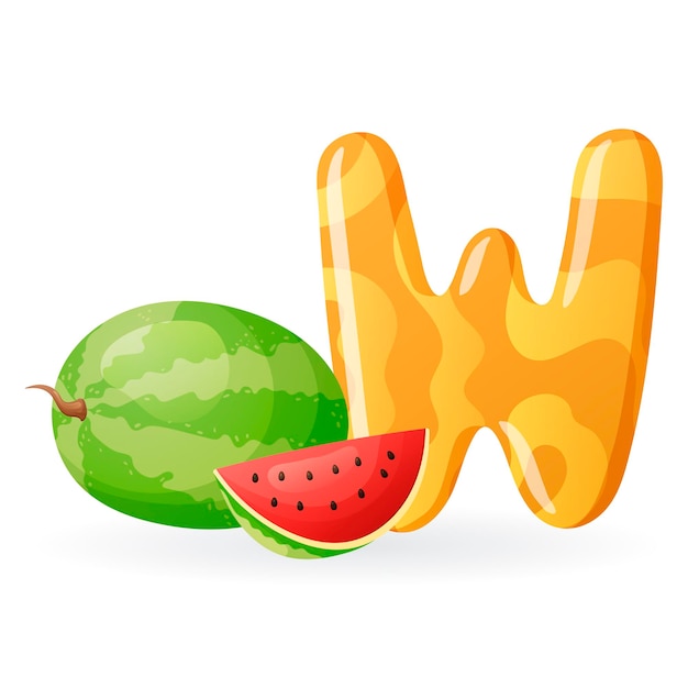 Kids banner with english alphabet letter w and cartoon image of ripe juicy berry of watermelon