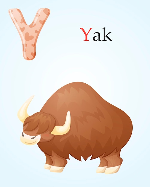 Kids banner with english alphabet letter Y and cartoon image of large animal yak with horns and long hair