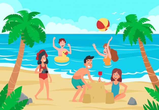 Kids beach. happy childrens fun on sea shore sand beach, children sunbathing and swimming kid cartoon  illustration