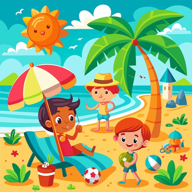дети на пляже песок играть стул пейзаж летние каникулы лежаки зонтики