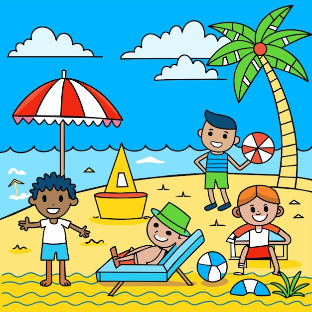 kids at beach sand play chair landscape summer holidays vacation loungers umbrellas