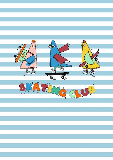 Kids beach skater club and crew birds stripe sky slogan graphic vector